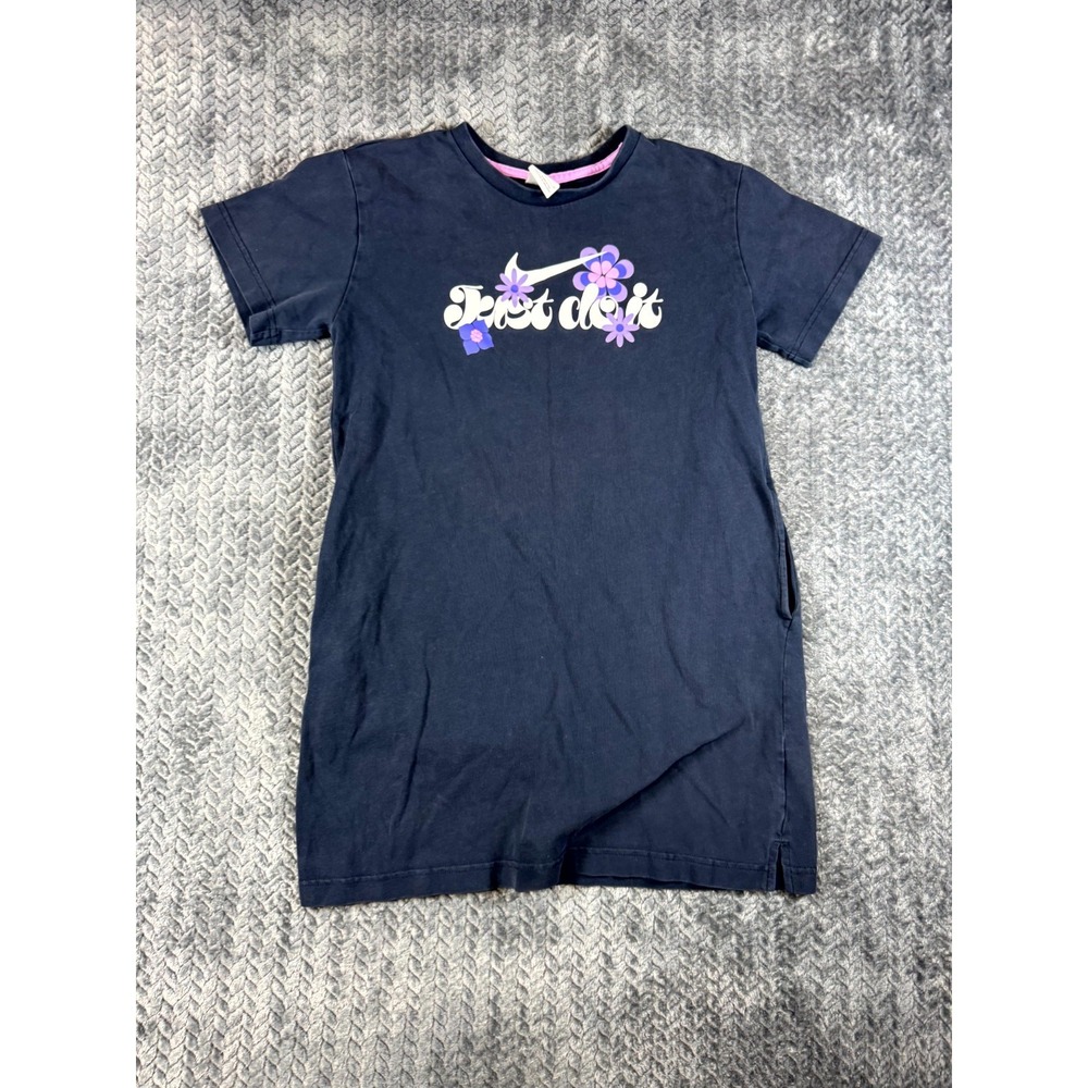 Nike Just Do It T Shirt Dress Girls L Navy Blue Cotton Crew Neck Pocket Pullover